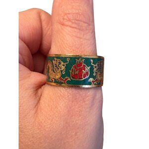 Chinese Dragon Enamel Wide Band Ring Size 11 Green Gold Tone Cloisonne Style